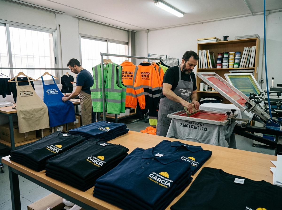 Imagen de personal serigrafiando sudaderas en el taller de serigrafía